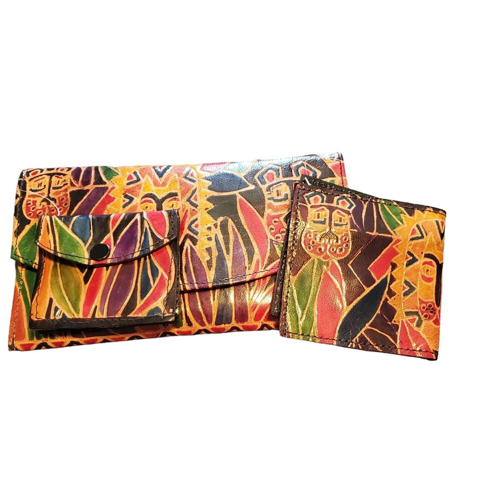 Genuine Leather 3 Piece Clutch Wallet Coin Purse Tribal Art Colorful India NEW
